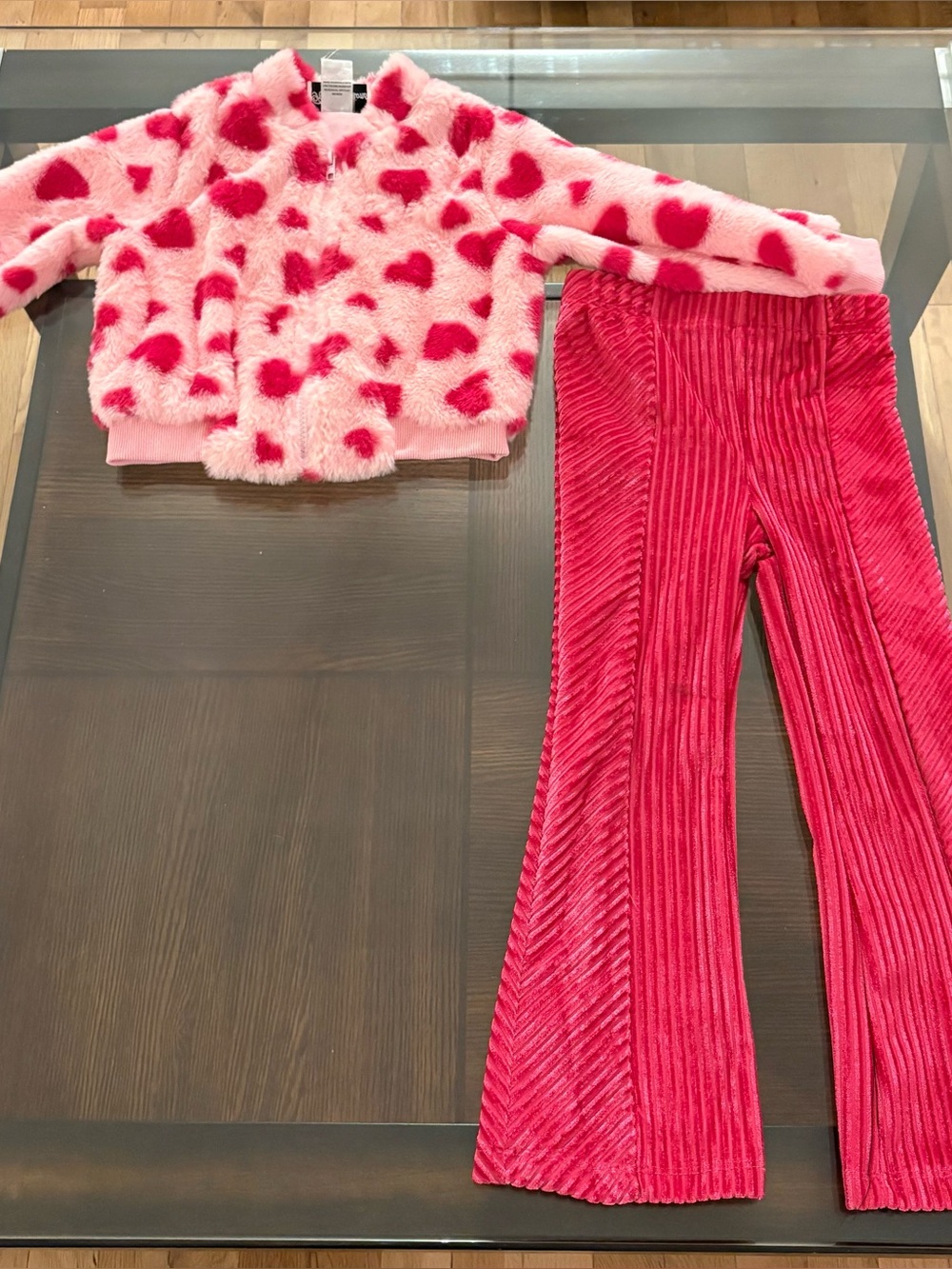 Pink Heart Faux Fur Jacket and Hot Pink Ribbed Velvet Flare Pants Set size 4T